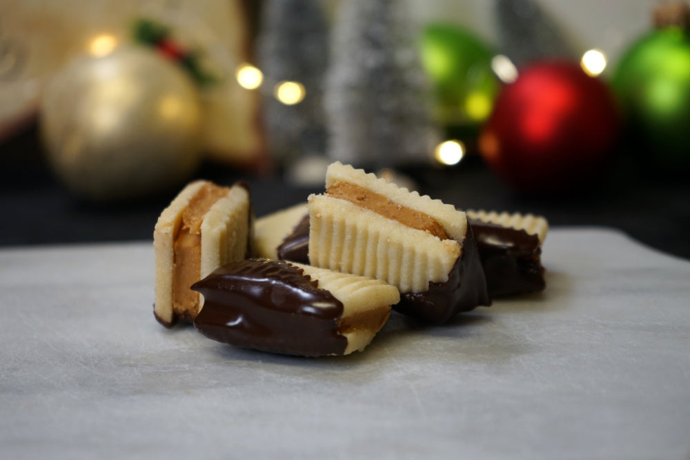 Coffee wafer Christmas cookies dipped in chocolate.